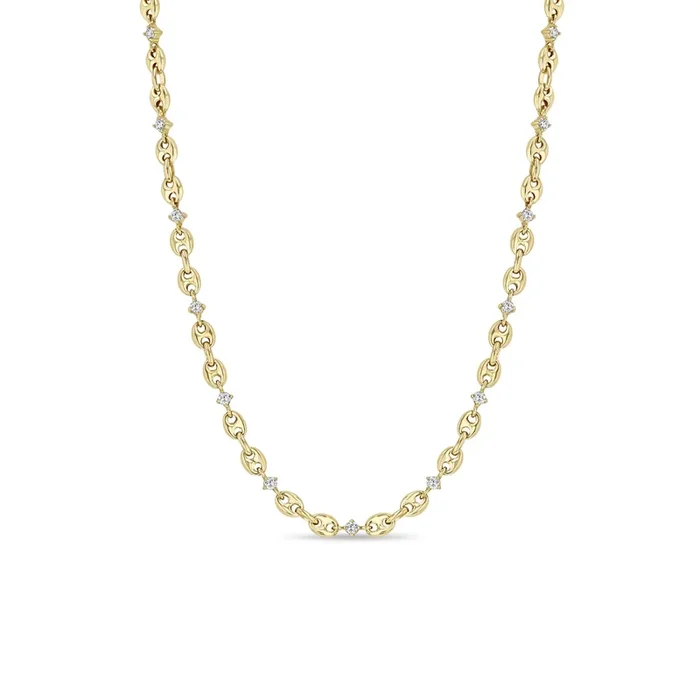 14k Linked Prong Diamond & Small Puffed Mariner Chain Necklace