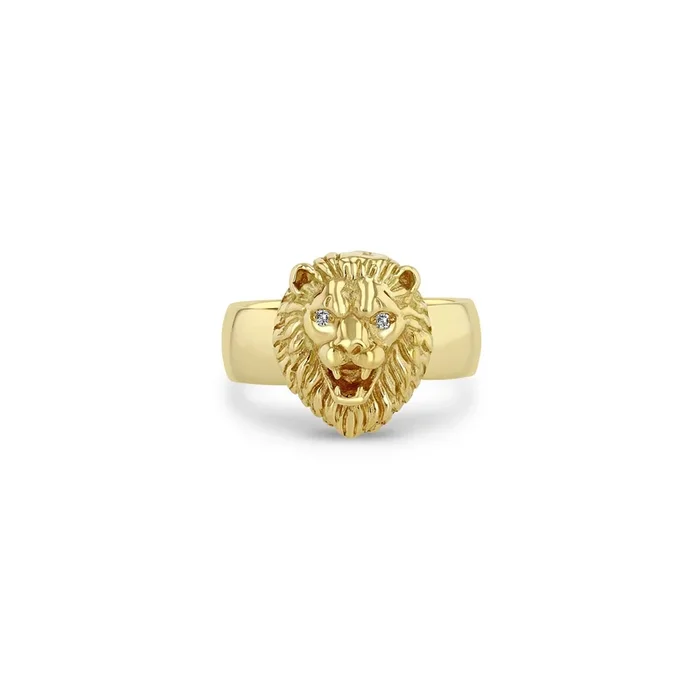 14k Lion Head with Diamond Eyes Wide Band Ring