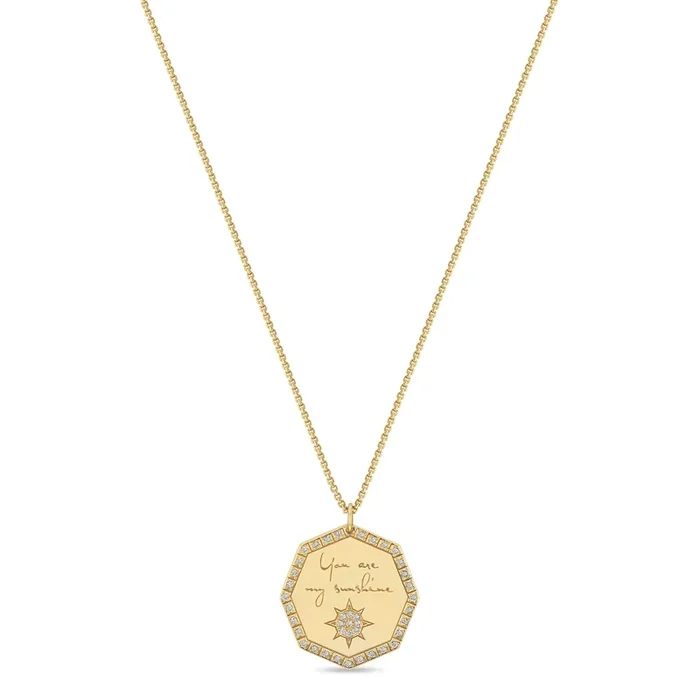 14k Medium “You are my sunshine” Diamond Octagon Mantra Box Chain Necklace