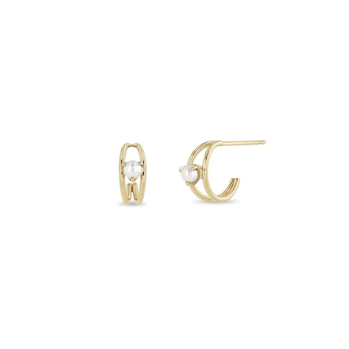 14k Nested Pearl Double Wire Huggie Hoops