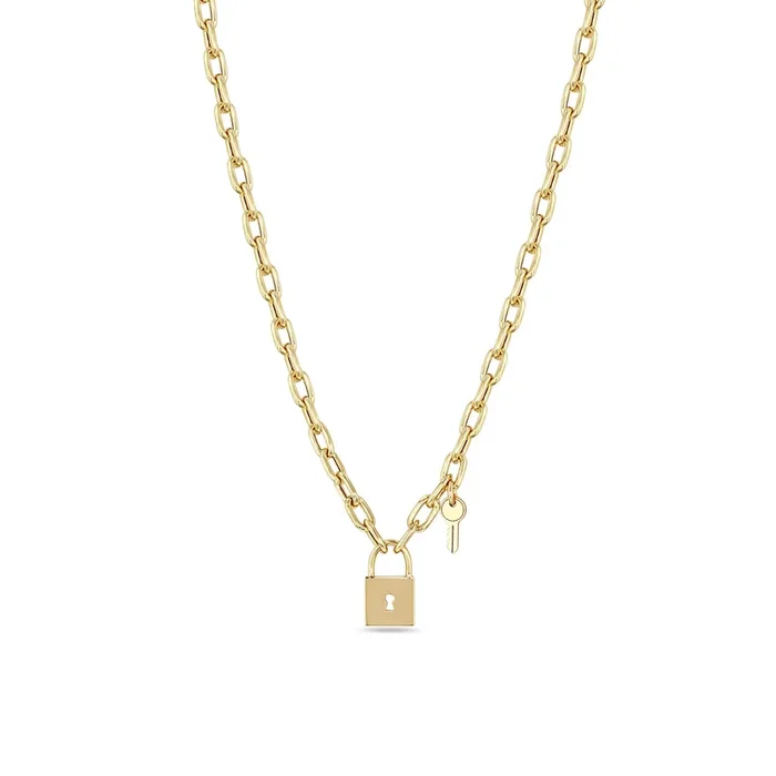14k Padlock Pendant & Key Charm Medium Square Oval Chain Necklace