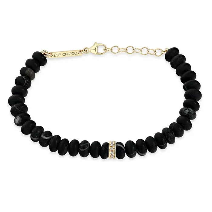 14k Pavé Diamond Gold & Matte Black Agate Rondelle Bead Bracelet