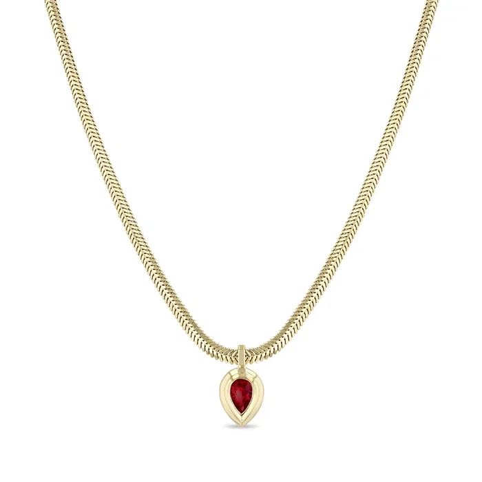 14k Pear Ruby Bezel Pendant Snake Chain Necklace