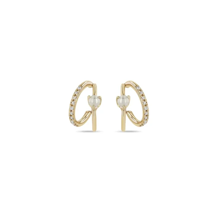 14k Pearl & Pavé Diamond Angled Double Wire Huggie Hoops