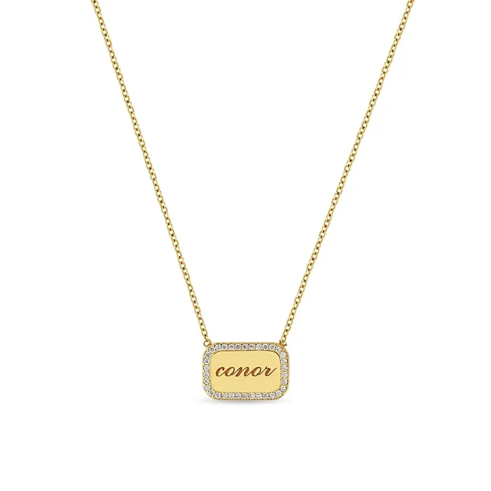 14k Personalized Rounded Rectangle Diamond Border Nameplate Necklace