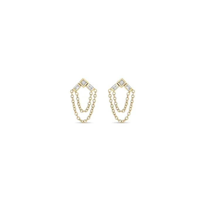14k Princess & Baguette Diamond Arrow Chain Drop Earrings