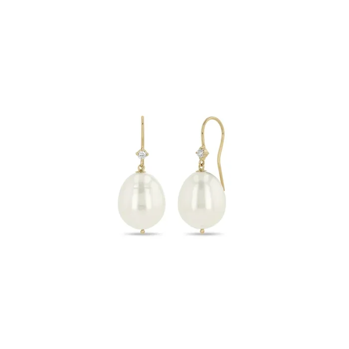 14k Prong Diamond & Baroque Pearl Wire Earrings