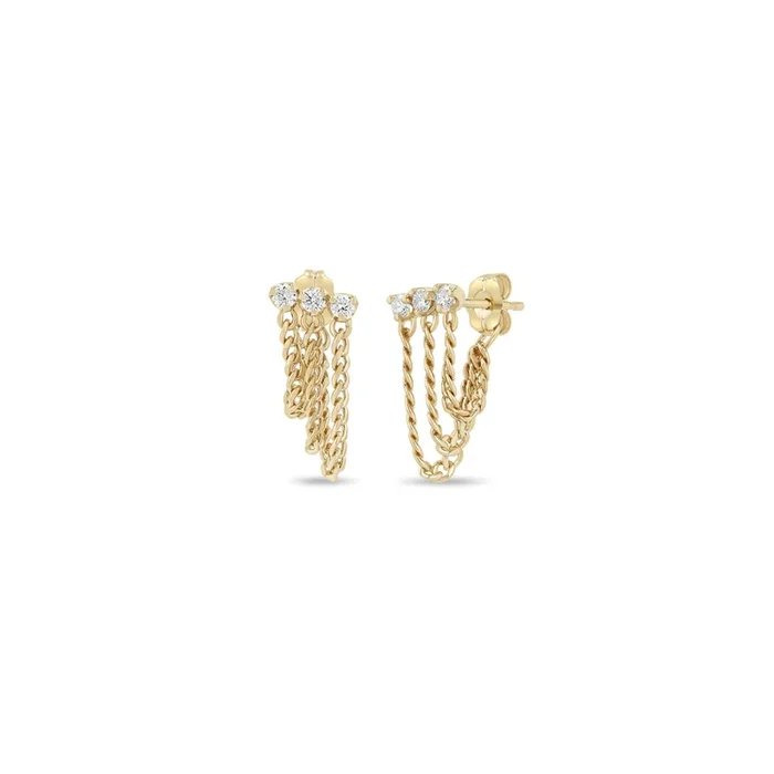 14k Prong Diamond & Curb Chain Huggie Waterfall Earrings
