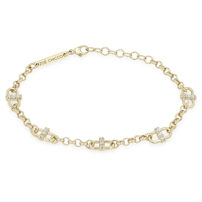 14k Prong Diamond Open Link Station Medium Rolo Chain Bracelet