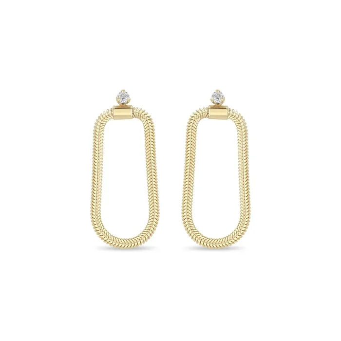 14k Prong Diamond Oval Snake Chain Drop Earrings