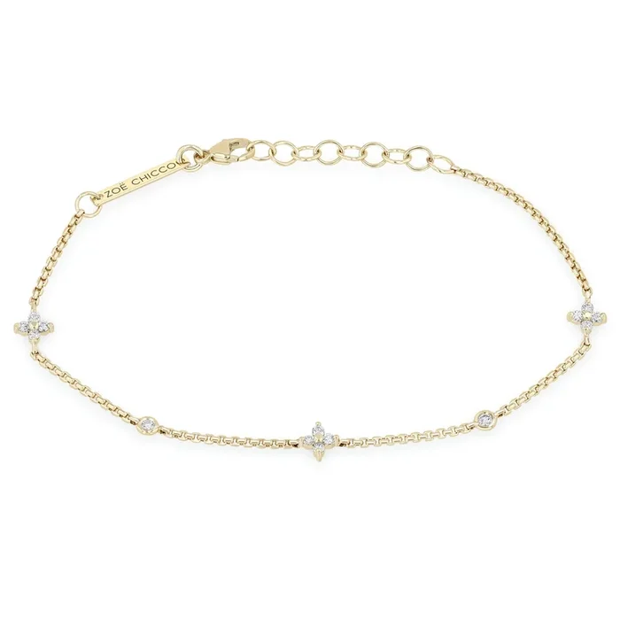 14k Prong Diamond Quad & Floating Diamond Station Extra Small Box Chain Bracelet