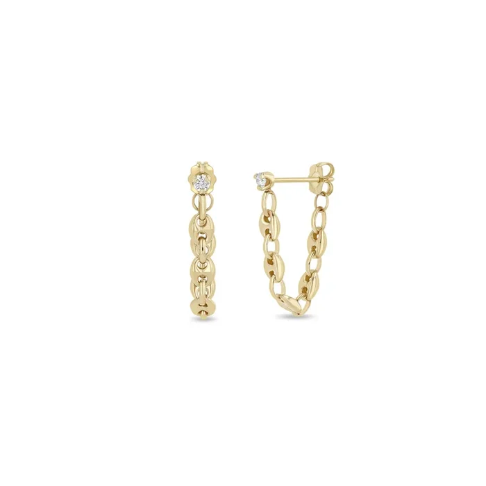 14k Prong Diamond Small Mariner Chain Huggie Earrings