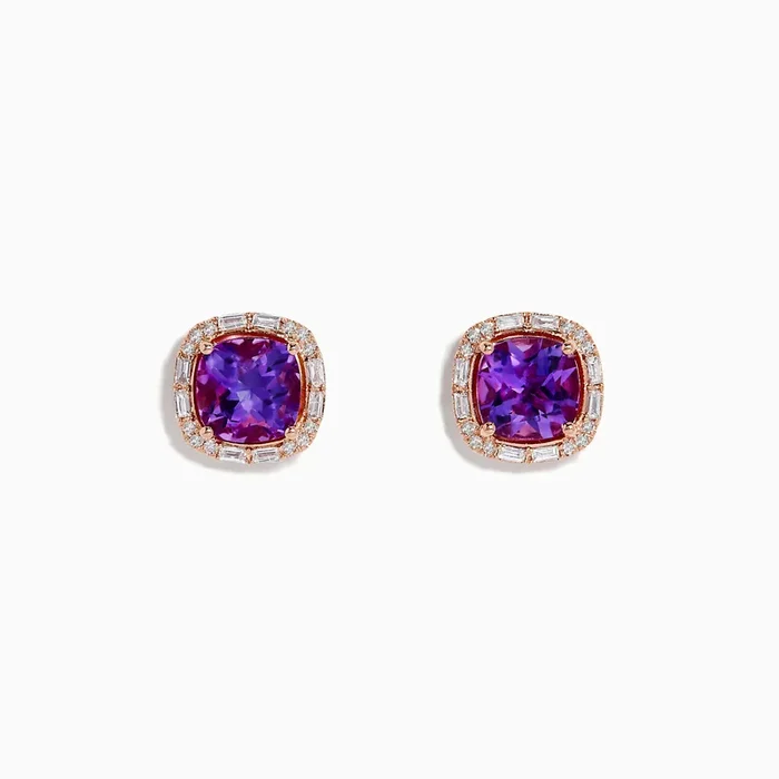 14K Rose Gold Amethyst and Diamond Stud Earrings
