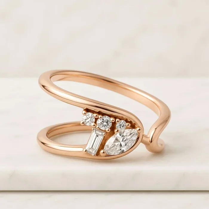 14K Rose Gold Multi Diamond Wave Style Ring