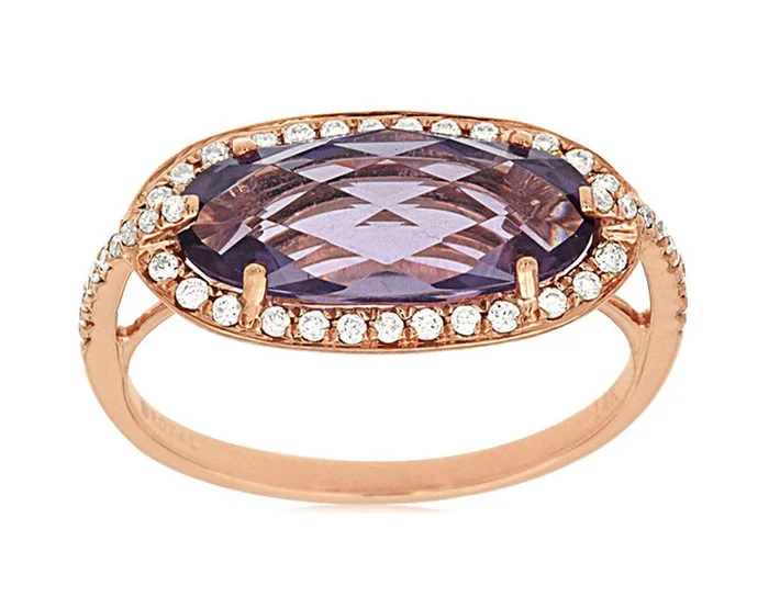14K Rose Gold Oval Amethyst And Diamond Halo Ring