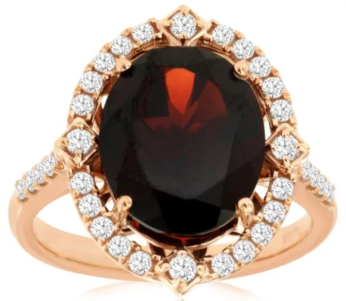 14K Rose Gold Oval Garnet And Diamond Halo Ring