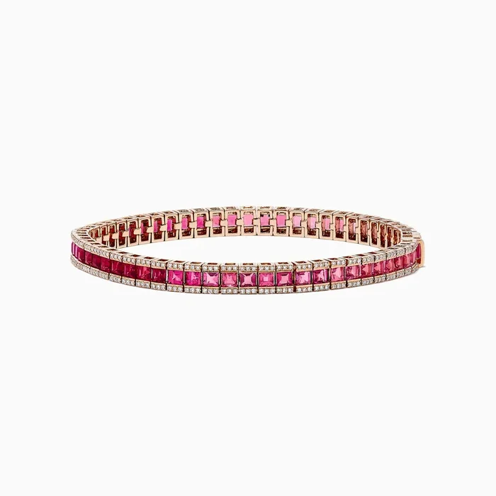 14k Rose Gold Princess Cut Ruby, Pink Tourmaline Tennis Bracelet