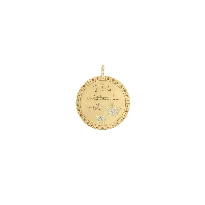 14k Single Large “It is written in the stars” Mantra with Diamond Stars Disc Charm