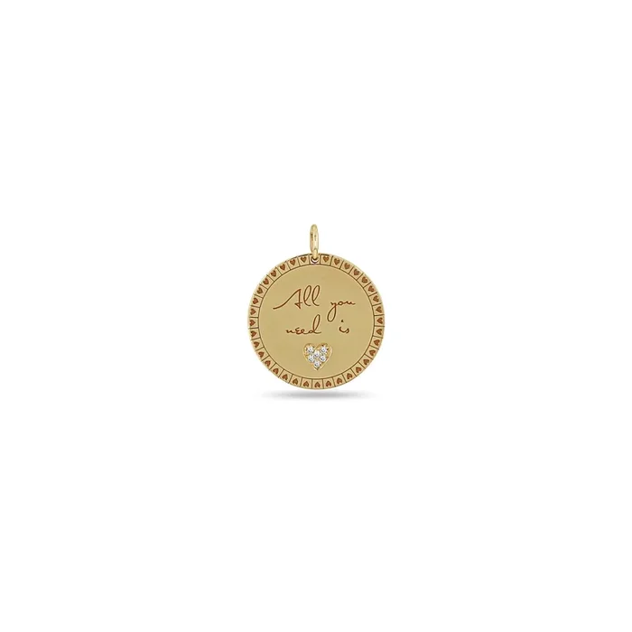 14k Single Medium “All you need is love” Mantra with Diamond Heart Disc Charm