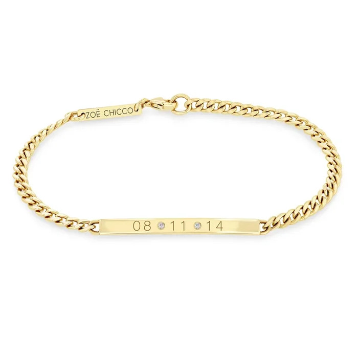 14k Small Curb Chain Date ID Bracelet with Diamonds
