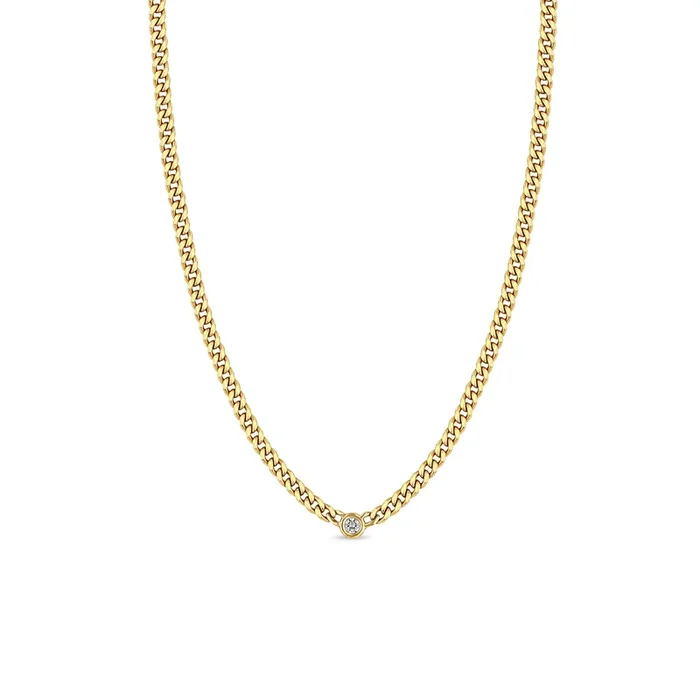 14k Small Curb Chain Necklace with Floating Diamond