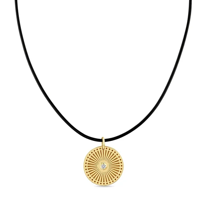 14k Small Sunbeam Medallion Leather Cord Necklace
