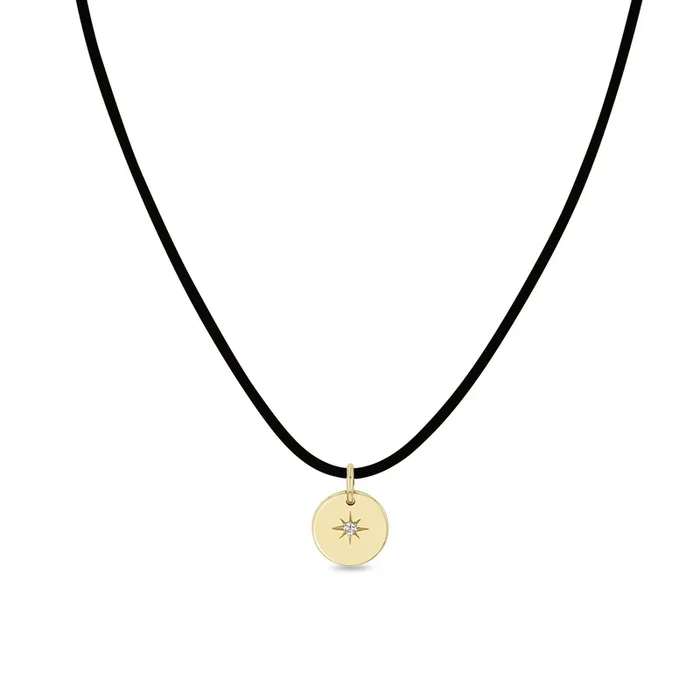 14k Star Set Diamond Disc Pendant Leather Cord Necklace
