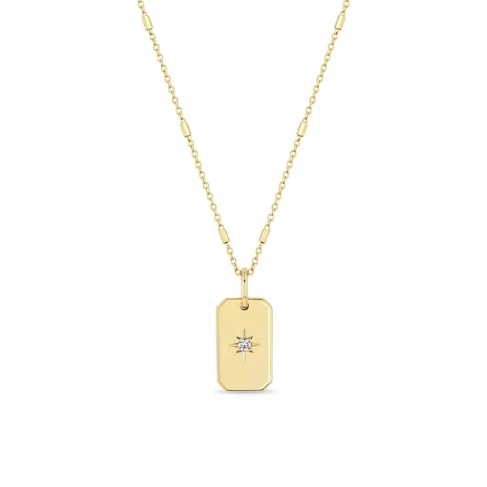 14k Star Set Diamond Small Square Edge Dog Tag Necklace