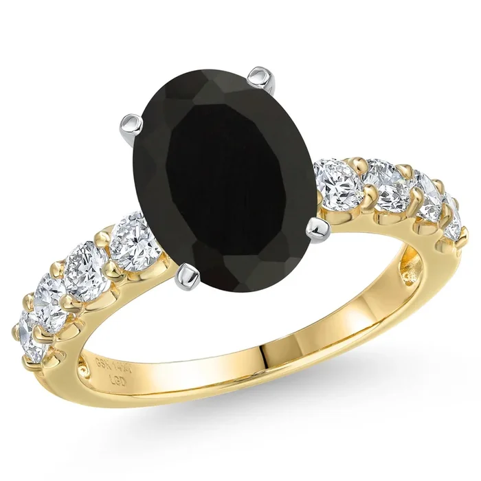 14K Two Tone Gold Black Onyx and Lab Grown Diamond Engagement Ring For Women | 4.10 Cttw | Oval 11X9MM | Gemstone December Birthstone