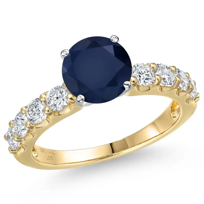 14K Two Tone Gold Blue Sapphire and Lab Grown Diamond Engagement Ring For Women | 3.56 Cttw | Round 8MM | Gemstone September Birthstone