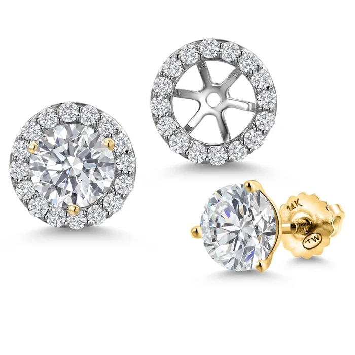 14K Two Tone Gold Gemstone Birthstone and Lab Grown Diamond Removable Jacket Stud Halo Earrings For Women | Round 6MM | With Secure Screw Back | Fine Jewelry Gifts for Her Mom Wife