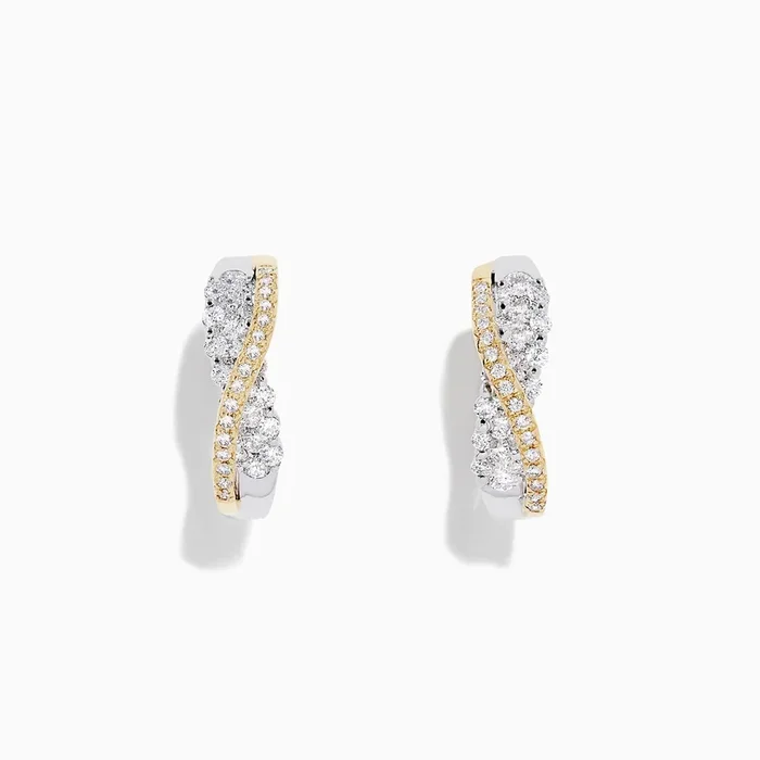 14K White and Yellow Gold 3/4″ Diamond Crossover Hoop Earrings, 1.00 TCW
