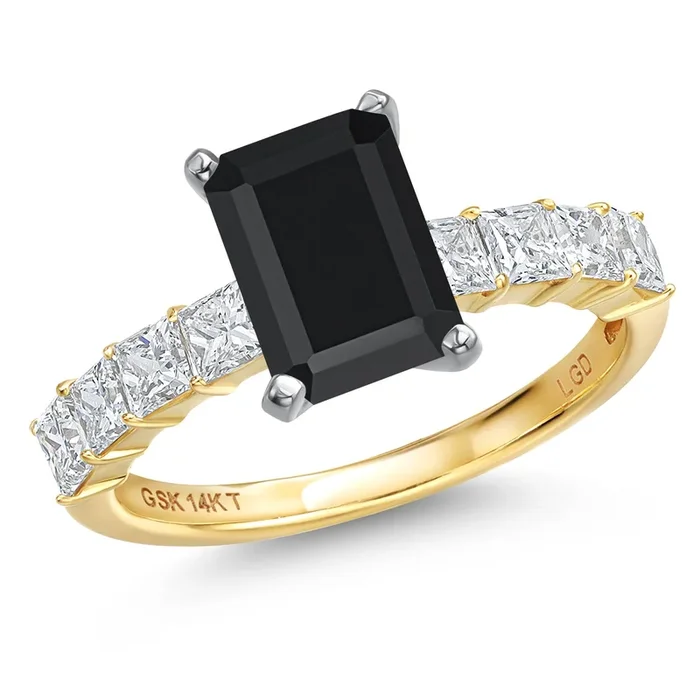 14K White And Yellow Gold Black Onyx and Lab Grown Diamond Engagement Ring For Women | 4.09 Cttw | Octagon 10X8MM | Gemstone December Birthstone