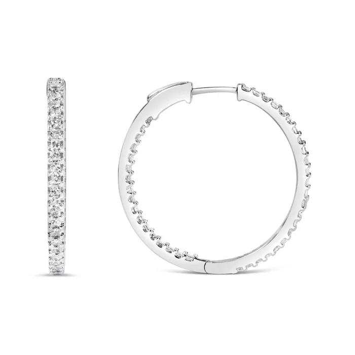 14K White Gold 1.0 Cttw Princess Diamond Inside Out Hoop Earrings (H-I Color, I1-I2 Clarity) – 23 MM
