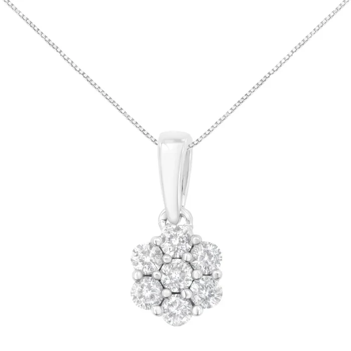 14K White Gold 1/2 cttw Prong Set Round-Cut Diamond 7 Stone Floral Cluster 18″ Pendant Necklace (H-I Color, I1-I2 Clarity)