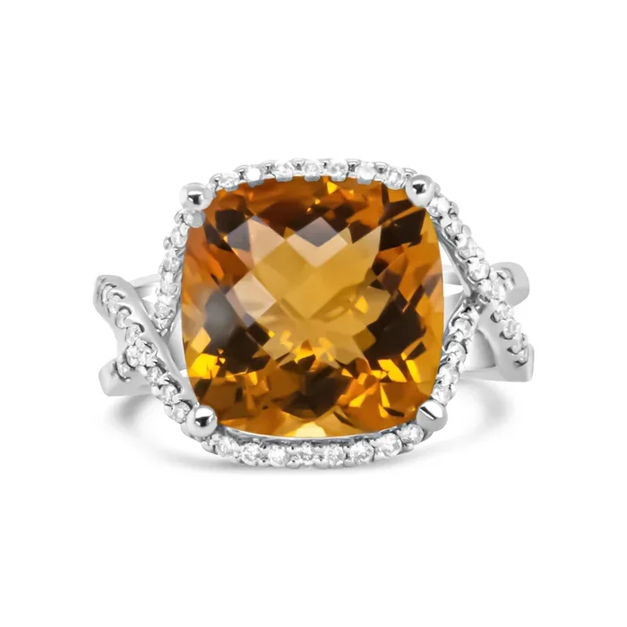 14K White Gold 12mm Cushion Cut Yellow Citrine Gemstone and 1/3 Cttw Round Pave-Set Diamond Ring – (H-I Color, VS1-VS2 Clarity)
