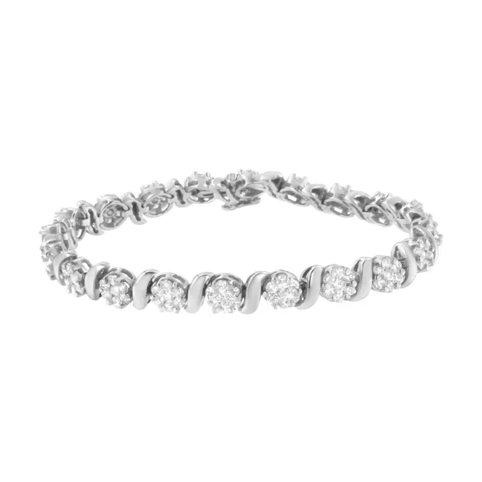 14K White Gold 5 1/4 cttw Diamond S-Link Floral Cluster Tennis Bracelet (I-J Clarity, SI2-I1 Color) – Size 7″