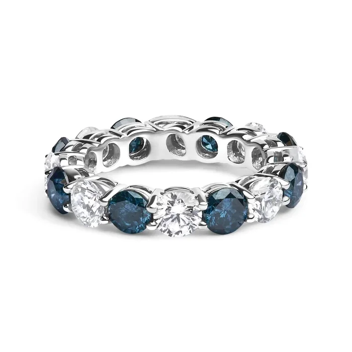 14K White Gold 6 1/4 Cttw Alternating Lab-Grown White and Natural Treated Blue Diamond Eternity Band Ring (F-G Color, VS1-VS2 Clarity) – Ring Size 7.5