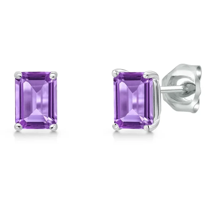 14K White Gold 6X4MM Emerald Cut Gemstone Birthstone Stud Earrings | Double Notch | Basket Setting | Gold Earrings For Women Men