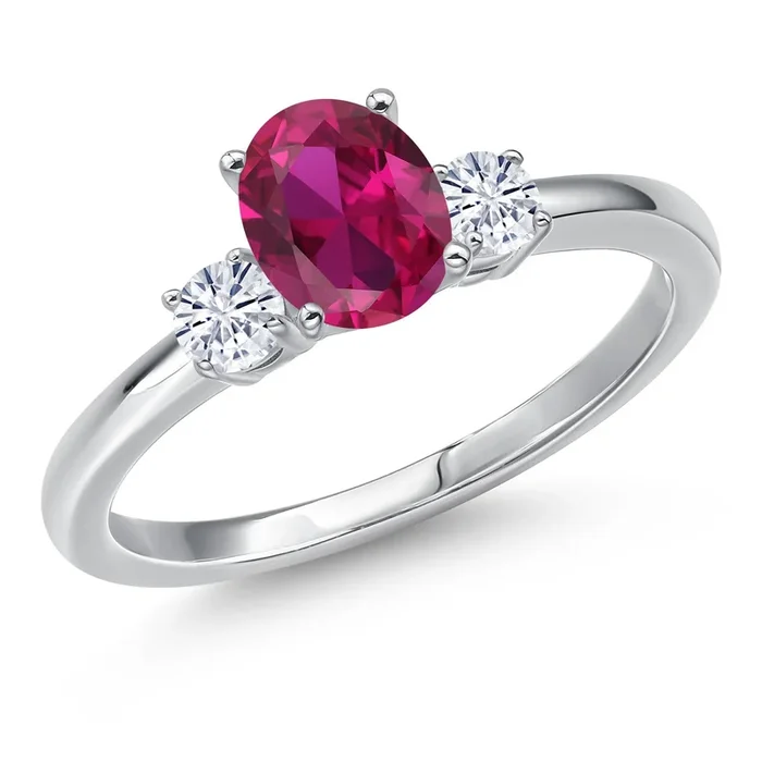 14K White Gold 7X5MM Oval Gemstone Birthstone and White Moissanite 3-Stone Engagement Ring | Three Stone Wedding Anniversary Promise Gold Ring For Women | Available In Size 5-9