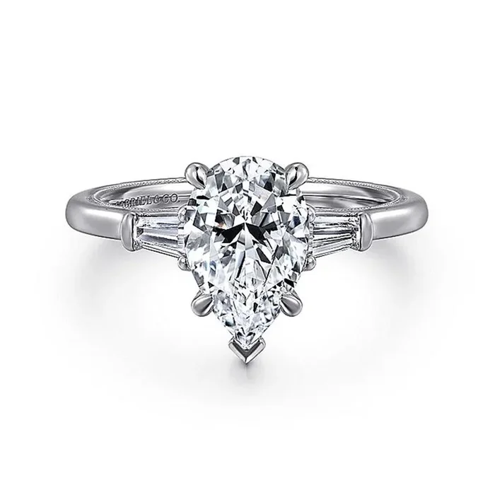 14K White Gold ‘Louann’ Three Stone Pear Diamond Engagement Ring