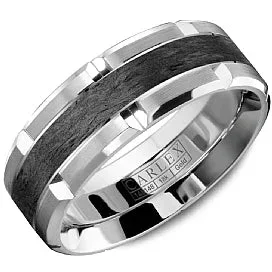14K White Gold and Black Forged Carbon Fiber Bevel Cut Wedding Band