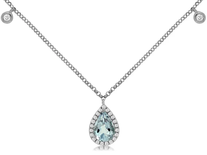 14K White Gold Aquamarine And Diamond Halo Necklace