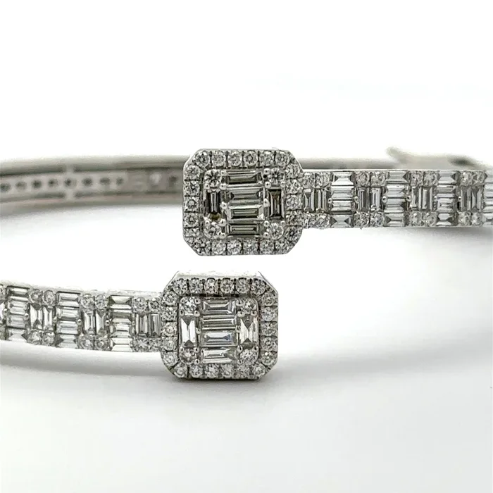 14K White Gold Art Deco 5TCW Baguette-cut Diamond Cuff Bangle Bracelet