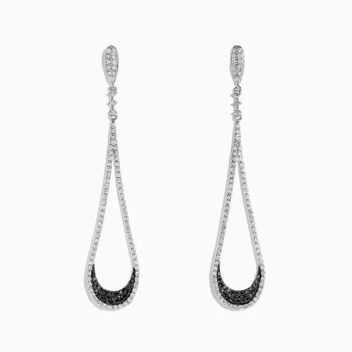 14K White Gold Black and White Diamond Drop Earrings, 1.70 TCW