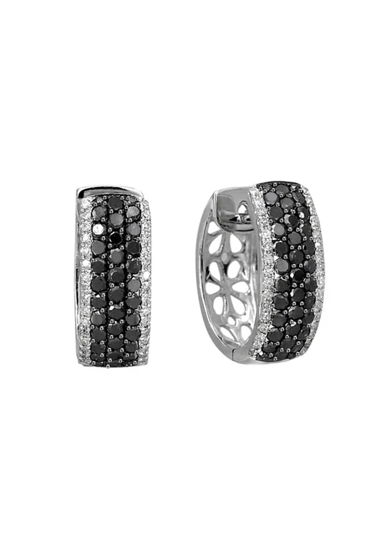 14K White Gold Black and White Diamond Hoop Earrings, 1.30 TCW