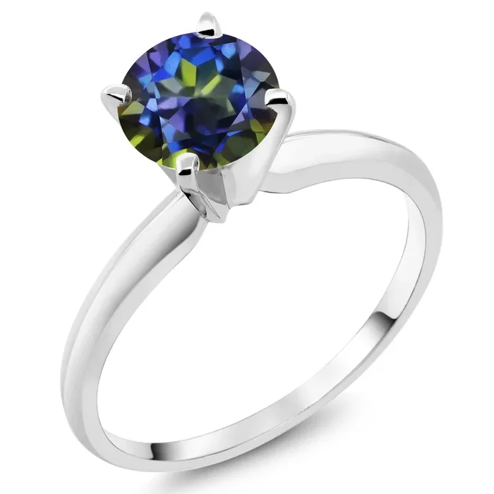 14K White Gold Blue Mystic Topaz Solitaire Engagement 4-Prong Ring For Women | 1.00 Cttw | Round 6MM | Gemstone Birthstone