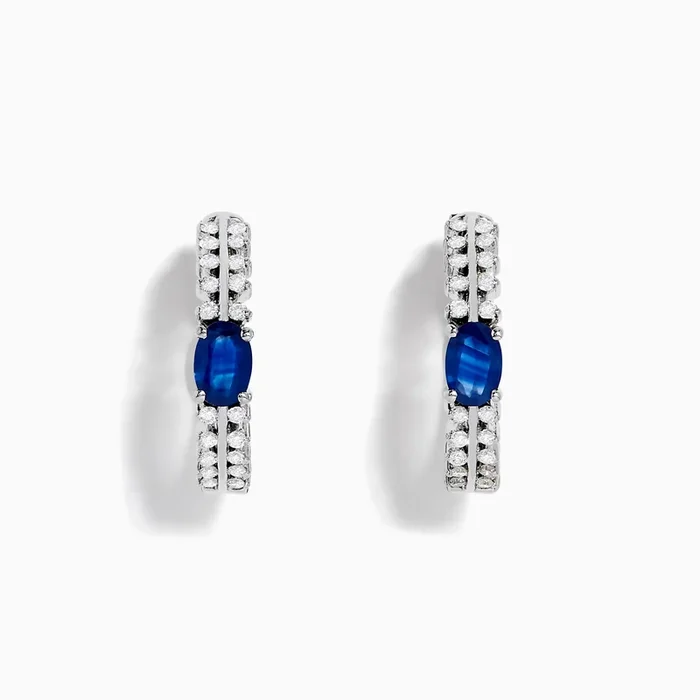 14K White Gold Blue Sapphire and Diamond Hoops