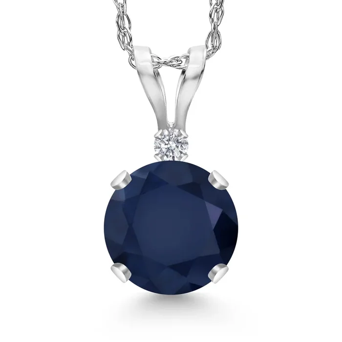14K White Gold Blue Sapphire and Lab Grown Diamond Pendant Necklace for Women | 1.12 Cttw | Gemstone September Birthstone | Round 6MM | With 18 Inch Chain