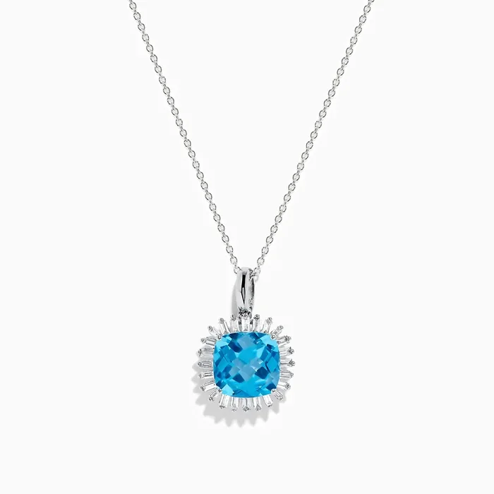 14K White Gold Blue Topaz and Diamond Pendant